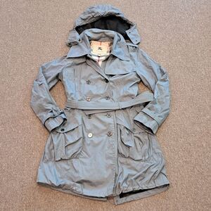 Burberry London Trench Coat Womens Size 10 Nylon Silver Button Gray Belt